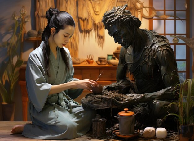 Photo woman sitting at table next to statue holding a cup of tea