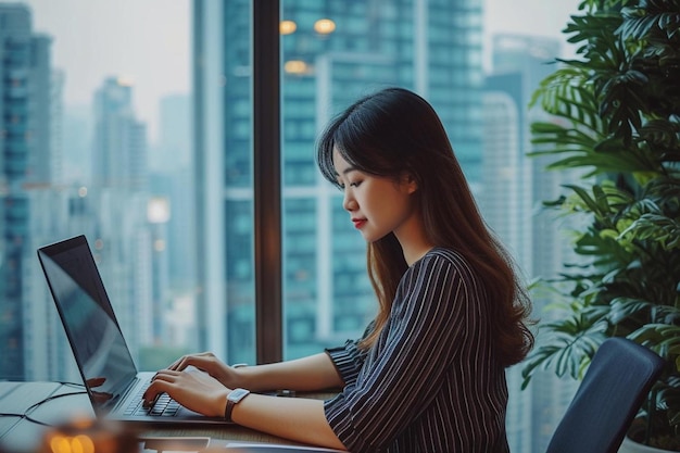 a woman sitting at a table using a laptop computer