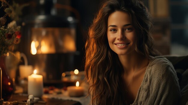 Woman Sitting at Table With Background Candles