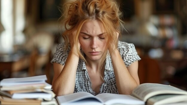 A woman sitting at a table with a book in front of her