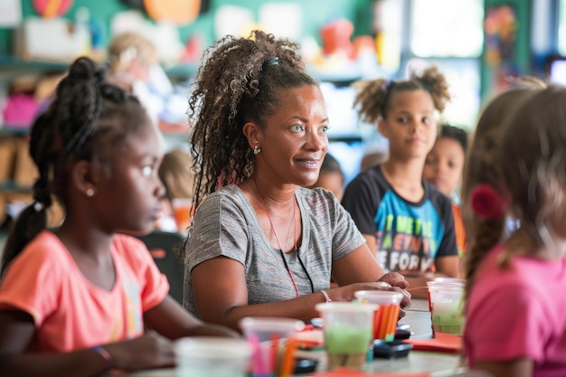 A woman sitting at a table with children