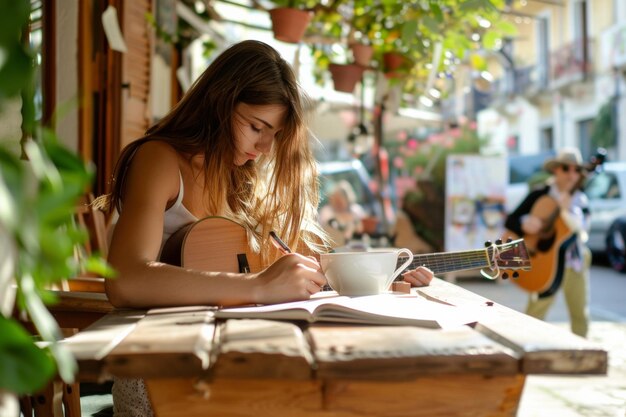 Woman Sitting at Table With Coffee and Guitar