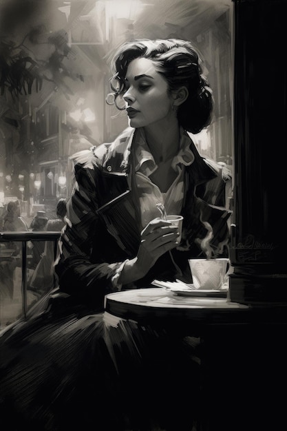 A woman sitting at a table with a cup of coffee Digital image 20s style black white image