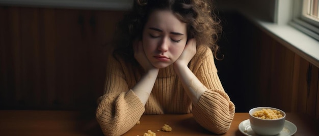 Photo a woman sitting at a table with a cup of coffee