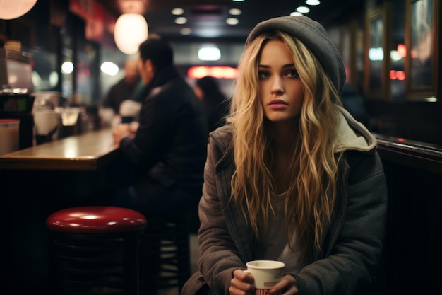 a woman sitting at a table with a cup of coffee