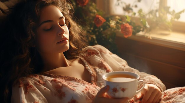 Photo woman sitting at table with cup and saucer