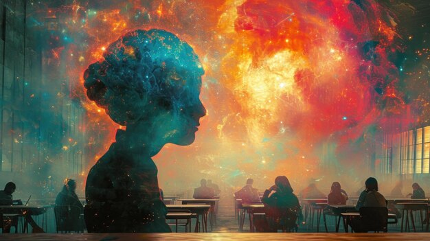 A woman sitting at a table with an explosion behind her ai