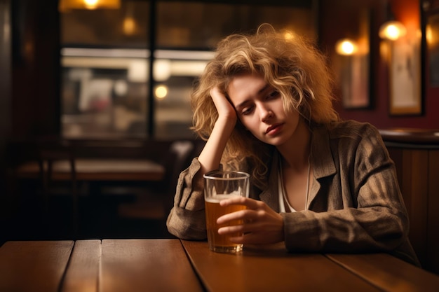 Woman sitting at table with glass of beer Generative AI
