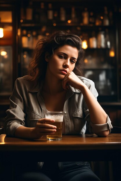 Женщина сидит за столом со стаканом пива.