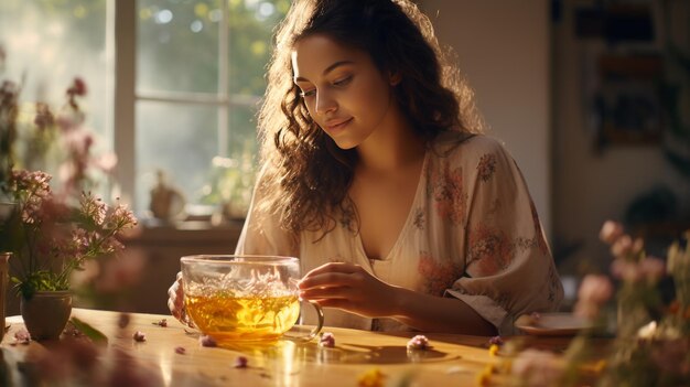 Photo woman sitting at table with glass of water