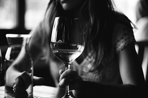 A woman sitting at a table with a glass of wine