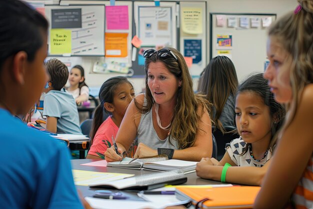 A woman sitting at a table with a group of children