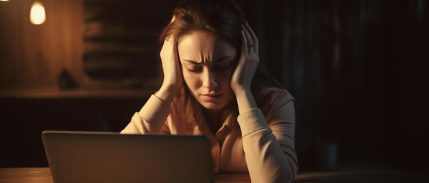 a woman sitting at a table with her head in her hands