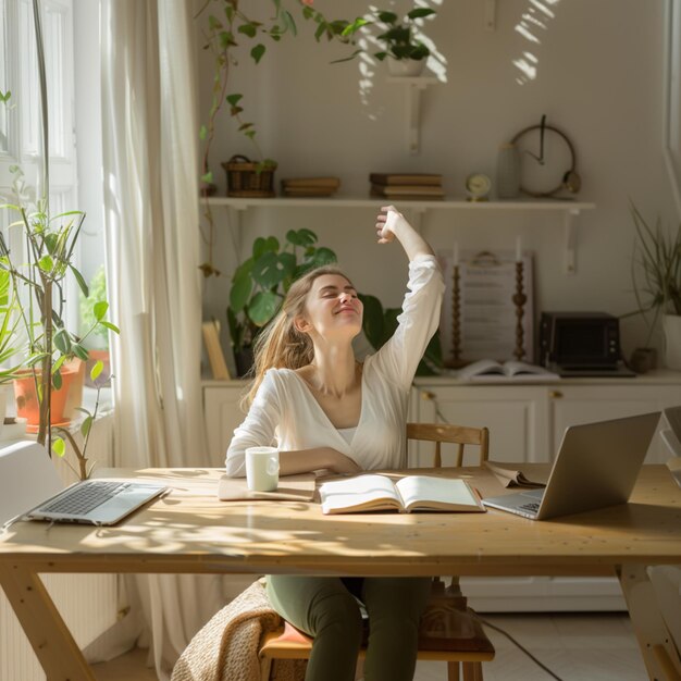 woman sitting at a table with a laptop and a book in her hand generative ai