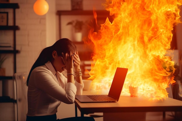 Photo a woman sitting at a table with a laptop in front of a fire