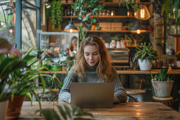 A woman sitting at a table with a laptop in front of her surrounded by potted plants and potted