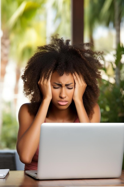 a woman sitting at a table with a laptop in front of her