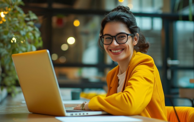 Woman sitting at table with laptop