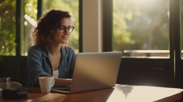 a woman sitting at a table with a laptop