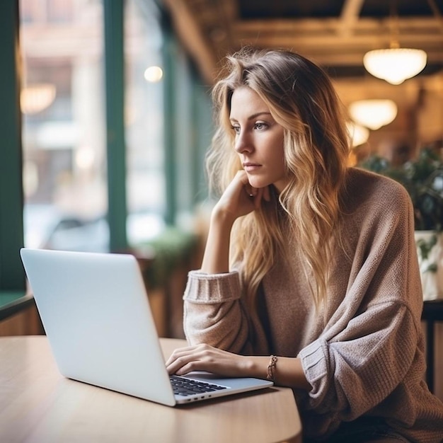 a woman sitting at a table with a laptop