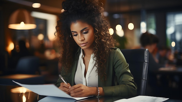 woman sitting at a table with a pen and paper in her hand Generative AI