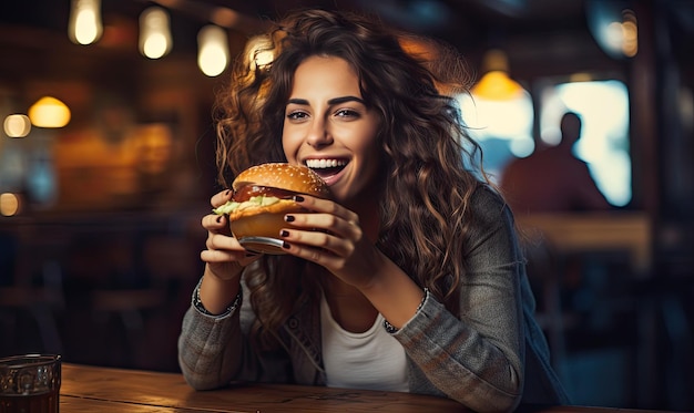 A woman sitting at a table with a plate of food and a glass of beer