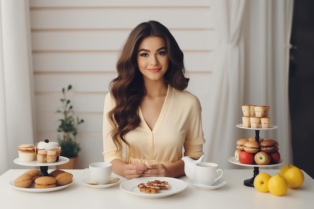 a woman sitting at a table with plates of food