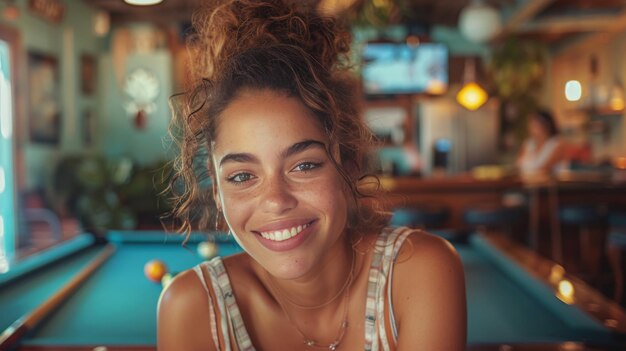 Woman Sitting at Table With Pool Table in Background