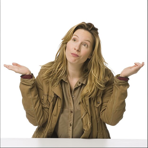 Photo woman sitting at table with raised hands in air