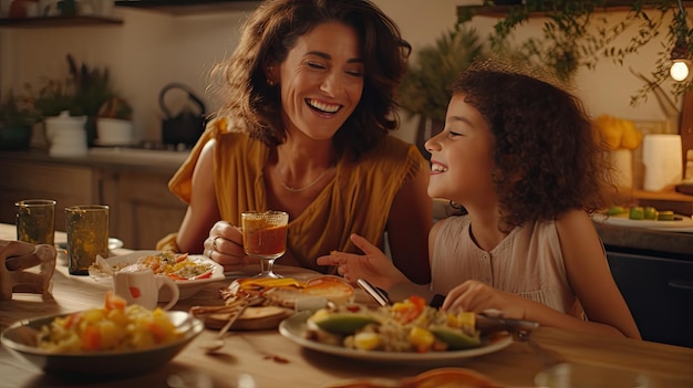 Woman Sitting at Table With Two Children Mother Day