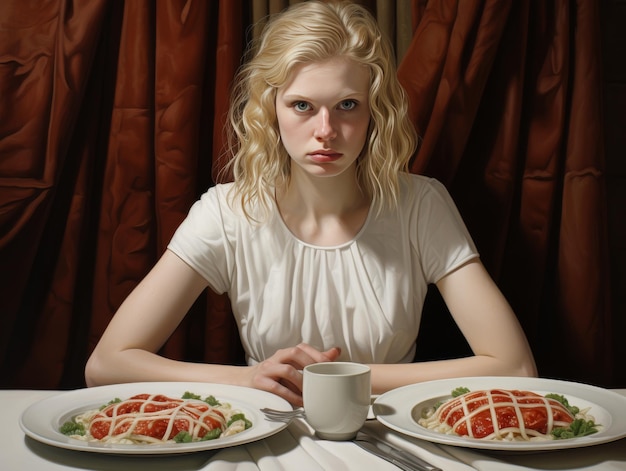 Photo woman sitting at table with two plates of food