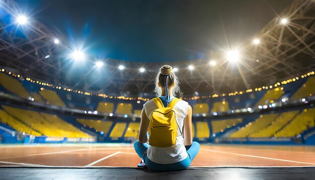 Woman Sitting on Tennis Court in Stadium Generative AI