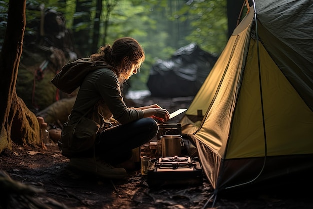 A woman sitting next to a tent in the woods