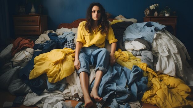 Photo a woman sitting on top of a bed covered in clothes generative ai