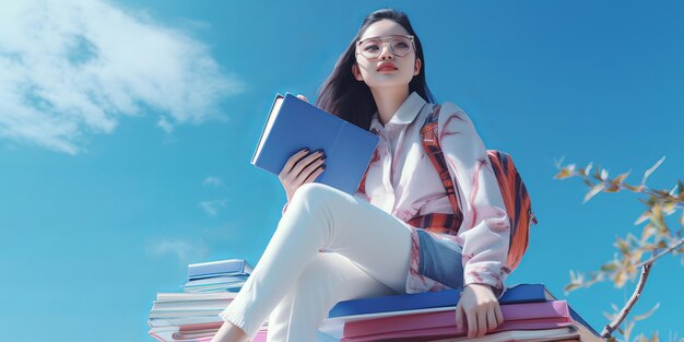 Woman Sitting on Top of Books