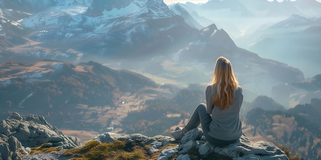 Woman sitting on top of the mountain and looking at the beautiful landscape Ai Generated