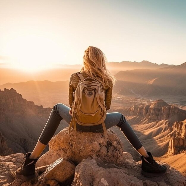 Photo a woman sitting on top of a mountain with a backpack