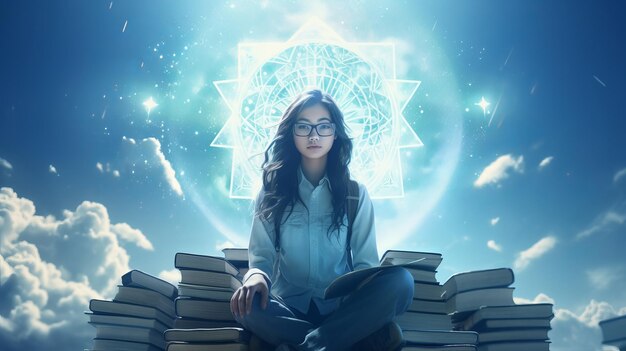 Photo woman sitting on top of a pile of books