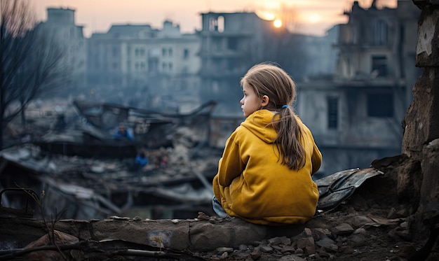 A woman sitting on top of a pile of rubble