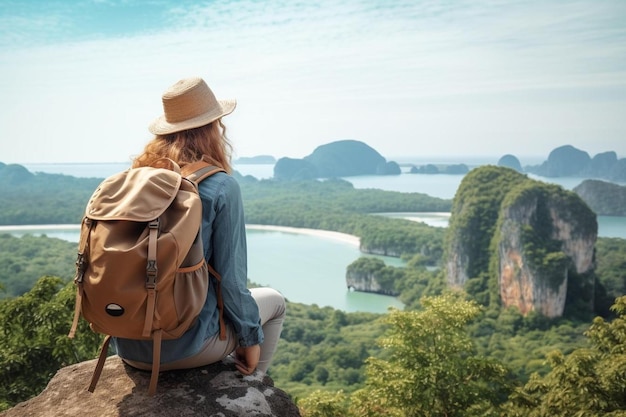 Foto una donna seduta in cima a una roccia con vista su un lago