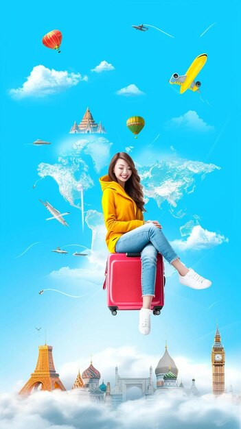 Photo a woman sitting on top of a suitcase in the sky