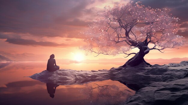 Photo a woman sitting under a tree in front of a lake at sunset