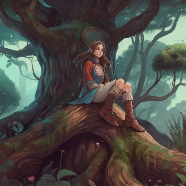 A woman sitting on a tree trunk in the middle of a forest generative ai