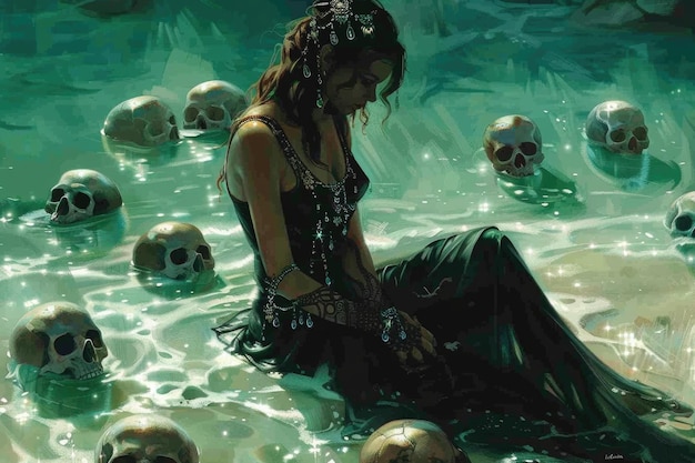 Photo a woman sitting in the water surrounded by skulls suitable for horror or fantasy themes