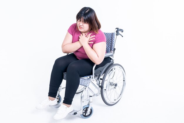 woman sitting in a wheelchair having a heart attack