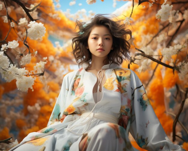 A woman sitting in a white robe under a tree with white flowers