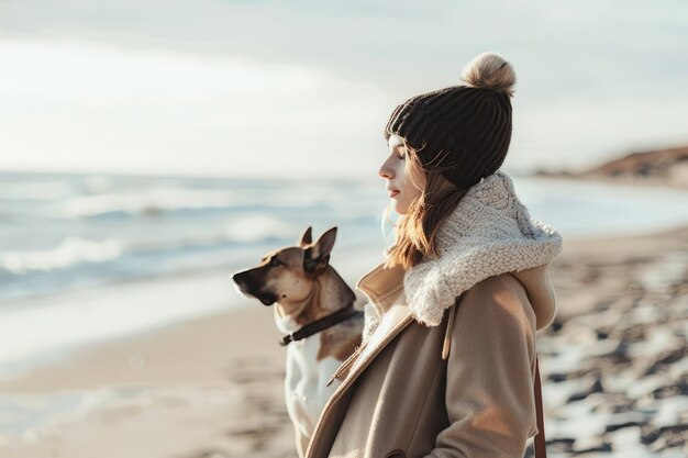 Woman sitting with dog on sand dune at beach Generative AI