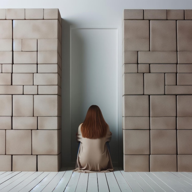 Foto una donna seduta con la schiena tra due muri