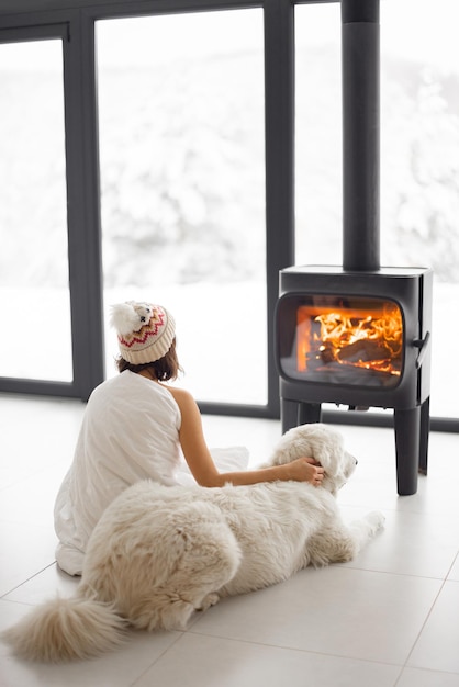 Woman sitting with her dog by the fireplace at modern house on nature during winter time. Concept of winter mood and comfort at home. Girl in hat covered with blanlet