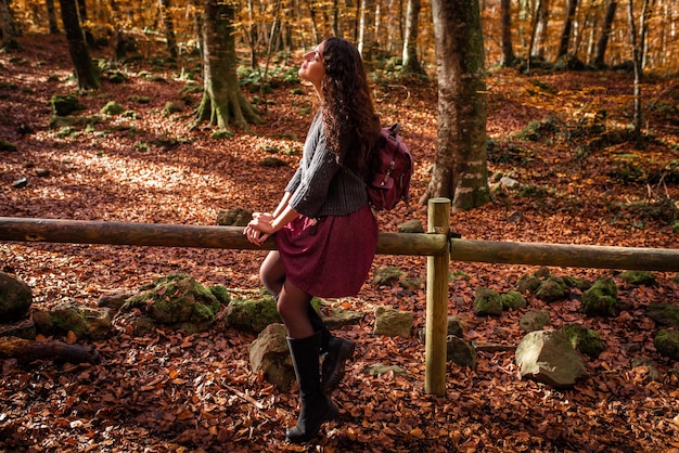 Foto donna seduta su una staccionata di legno in un paesaggio autunnale foresta di faggi